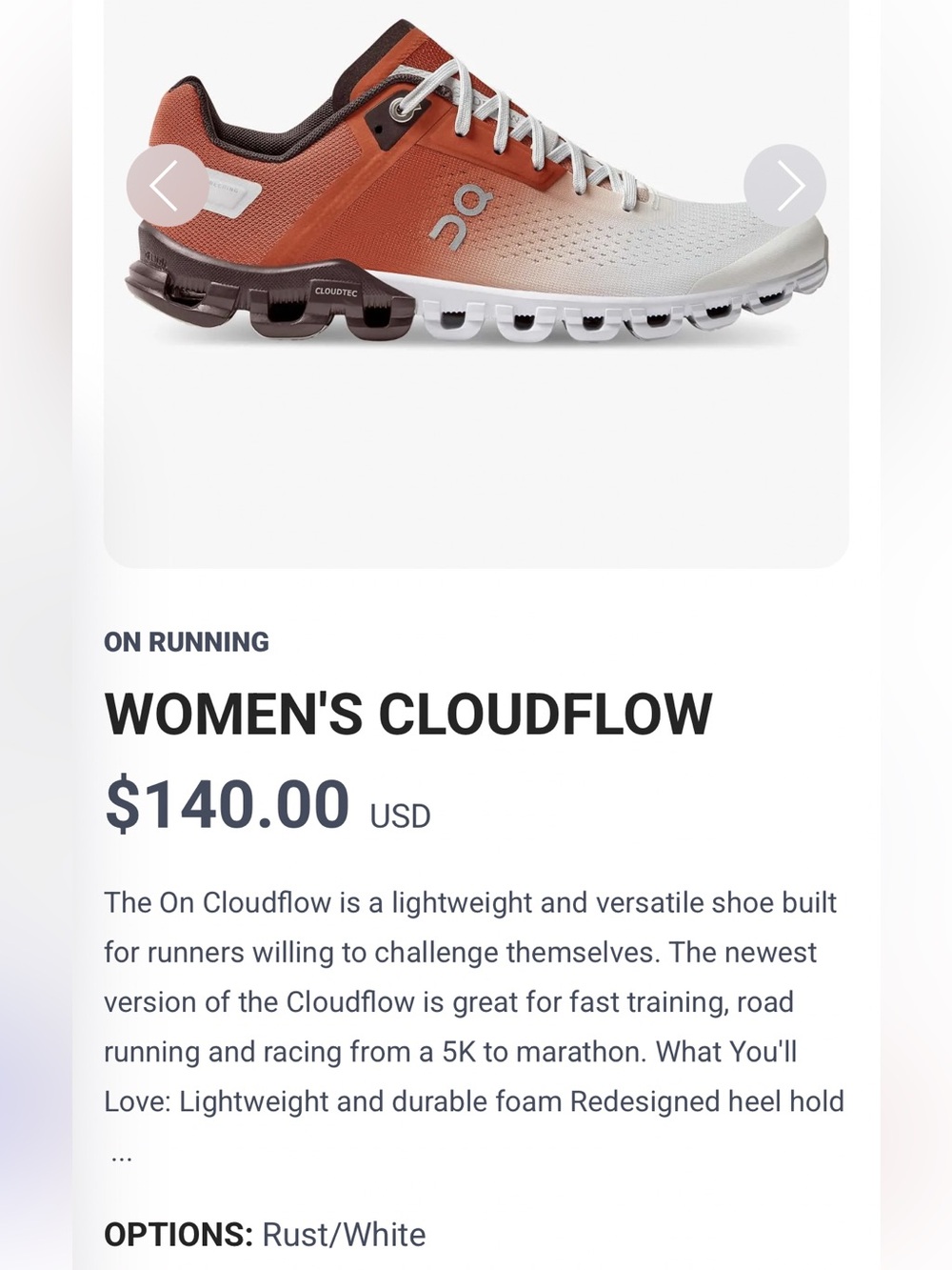 On Cloudflow 3 Women’s Running Shoes Rust/White Size 7.5 Barely Worn! No Box